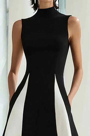 Elegant A-linje svart och vit hög hals lång formell klänning